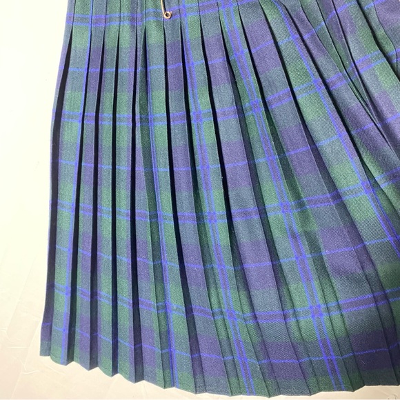 Vintage Bianca Green Blue Plaid Pleated Wool Midi Skirt M - Picture 8 of 14